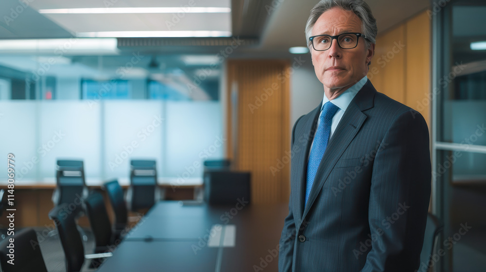 a middle-aged man stands in a conference room with a long table and several chairs in the background He is wearing a dark suit, a blue tie, and glasses. His expression is serious and professional 01 a middle-aged man stands in a conference room with a long table and several chairs in the background He is wearing a dark suit, a blue tie, and glasses. His expression is serious and professional 01