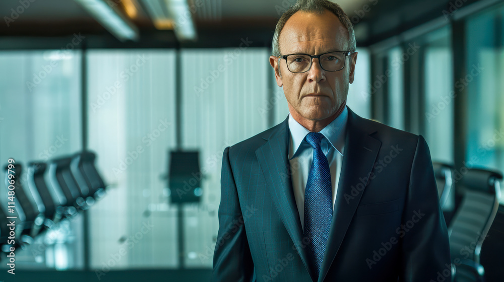 a middle-aged man stands in a conference room with a long table and several chairs in the background He is wearing a dark suit, a blue tie, and glasses. His expression is serious and professional 01 a middle-aged man stands in a conference room with a long table and several chairs in the background He is wearing a dark suit, a blue tie, and glasses. His expression is serious and professional 01