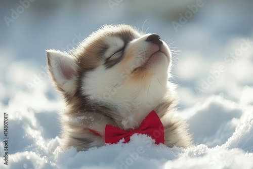 Adorable Husky puppy wearing a red bow tie, nestled in the snow, basking in the sunlight.  A heartwarming winter scene.