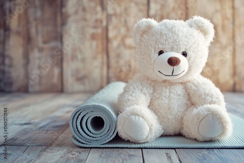 Adorable white teddy bear sitting beside rolled yoga mat on rustic wooden floor, perfect for children's playroom, wellness, and mindfulness themes photo