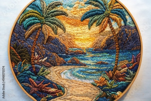 Embroidered tropical sunset with palm trees and a winding path leading to the ocean