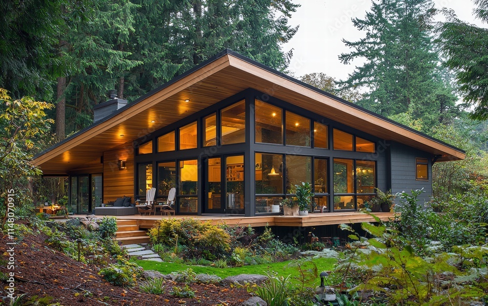 A Scandinavian-style house with light wooden siding, a slanted roof, and large windows surrounded by nature A Scandinavian-style house with light wooden siding, a slanted roof, and large windows surrounded by nature