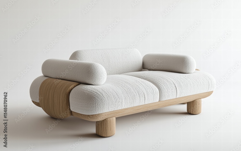 A Scandinavian-style sofa with light gray upholstery, rounded edges, and natural wooden legs, on a white background