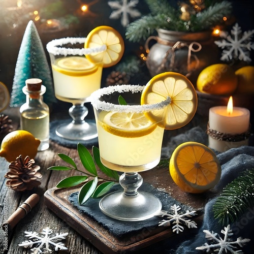 Limoncello Natalizio con Decorazione al Limone: Refreshing Limoncello with a twist of lemon, elegantly served in frosted glass for festive celebrations. Ai