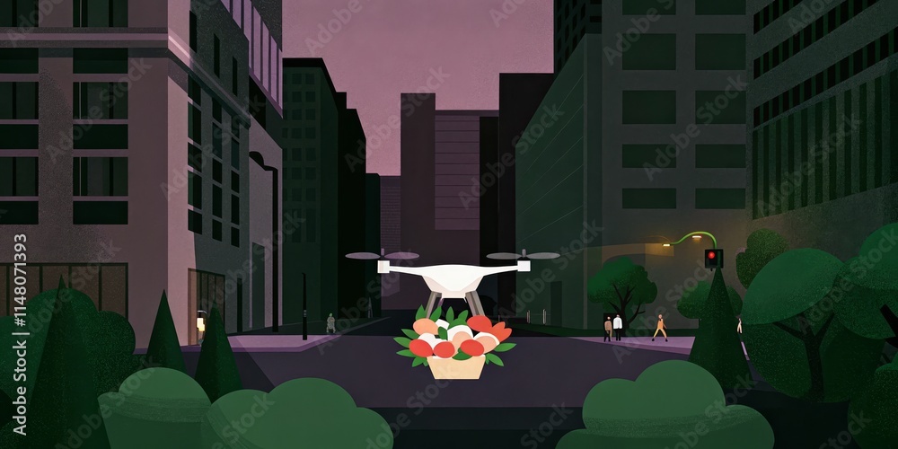 Obraz premium Futuristic drone delivering flowers in an urban landscape