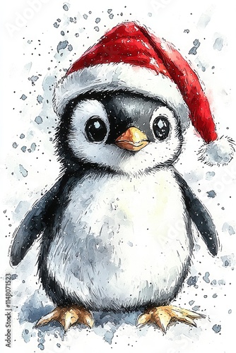 Cute penguin in a red Christmas hat standing on a snowy background with a festive and joyful expression during the winter season photo