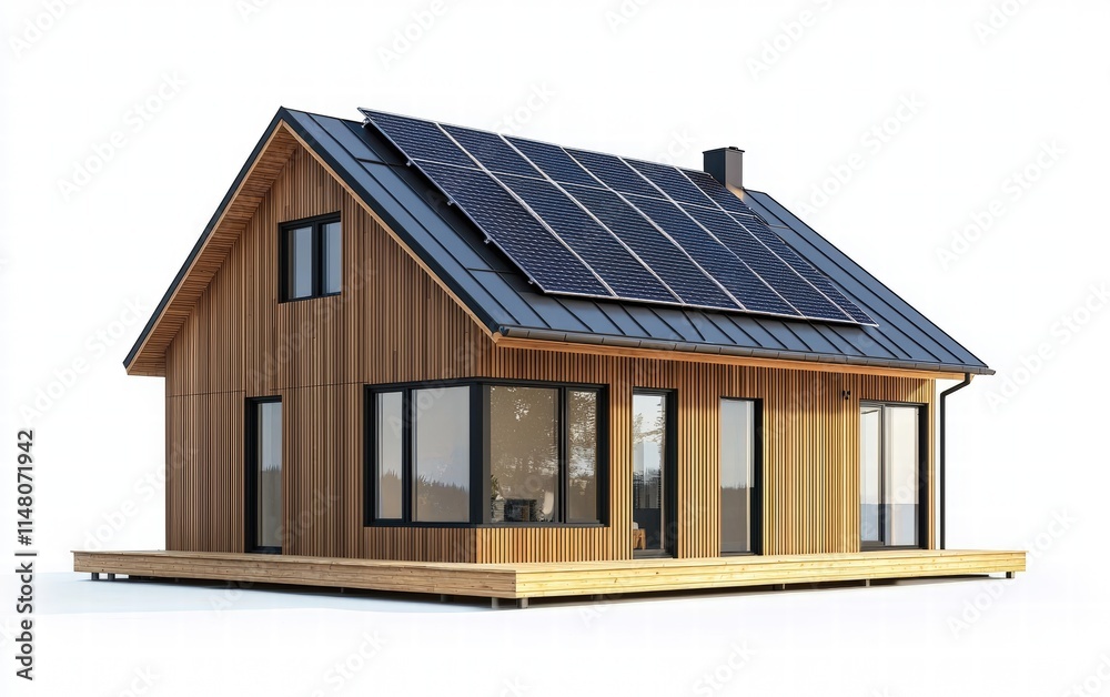 A single Scandinavian-style house with solar panels and clean lines, isolated on a white background A single Scandinavian-style house with solar panels and clean lines, isolated on a white background