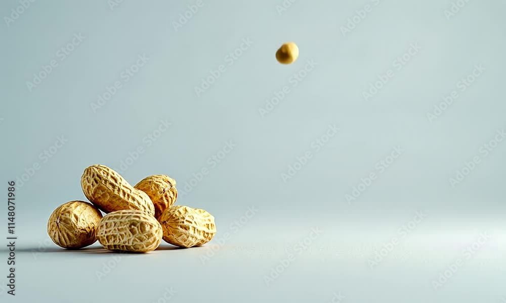A close-up of several peanuts in their shells on a light background.