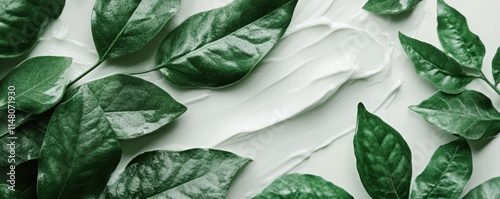 Natural beauty cream and green leaves