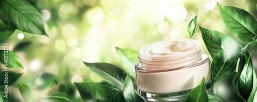 Natural beauty cream and green leaves