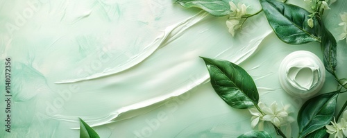Natural beauty cream and green leaves