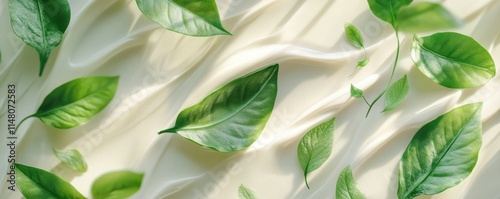 Natural beauty cream and green leaves