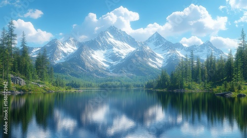 Serene mountain lake reflects snow-capped peaks.