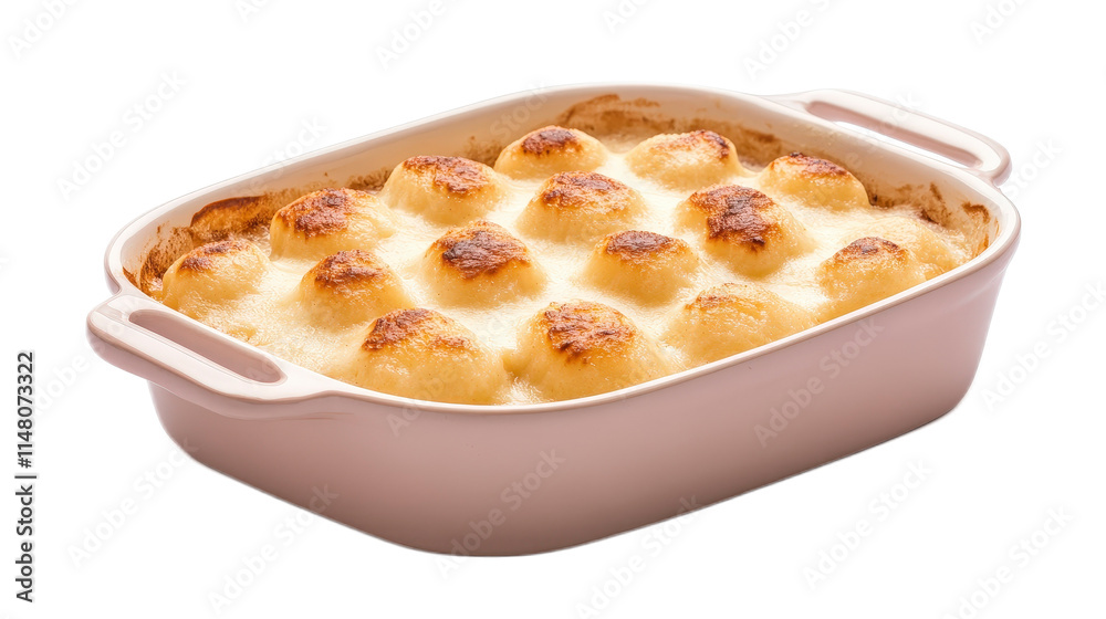 Baked Cheese Puff Dish with Golden Brown Topping in Pink Casserole Baked Cheese Puff Dish with Golden Brown Topping in Pink Casserole