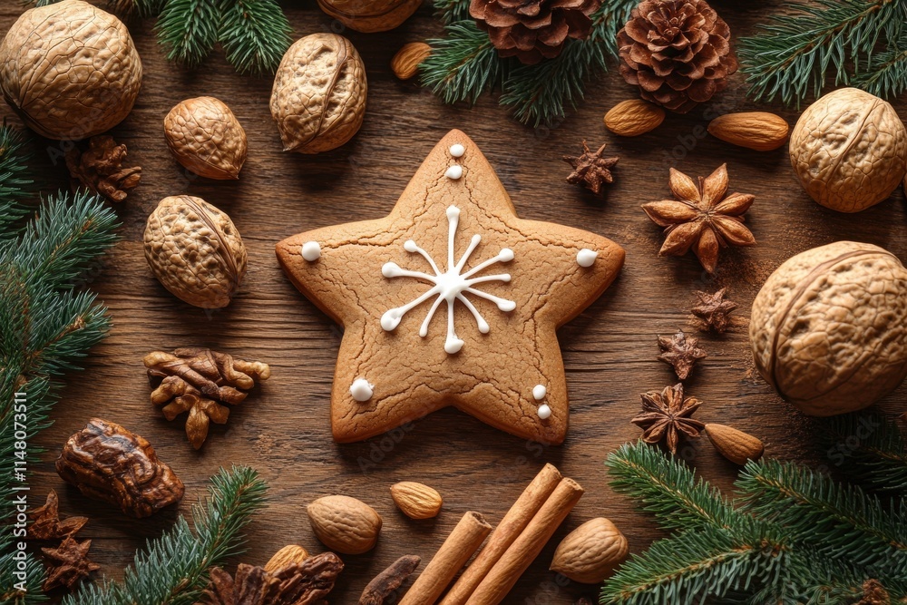 Festive Gingerbread Star Cookie Surrounded by Natural Elements, Nuts, Pine Cones, and Greenery on Rustic Wooden Surface, Evoking Warm Holiday Atmosphere