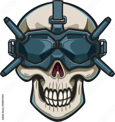 Human skull wearing fpv googles