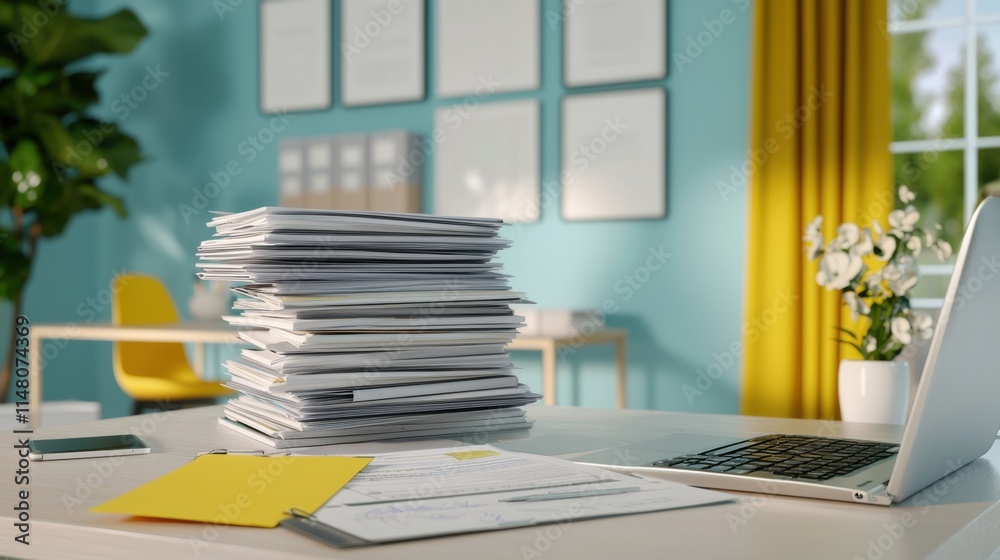 A bright workspace featuring a laptop, a stack of papers, and colorful decor, emphasizing organization and productivity. A bright workspace featuring a laptop, a stack of papers, and colorful decor, emphasizing organization and productivity.