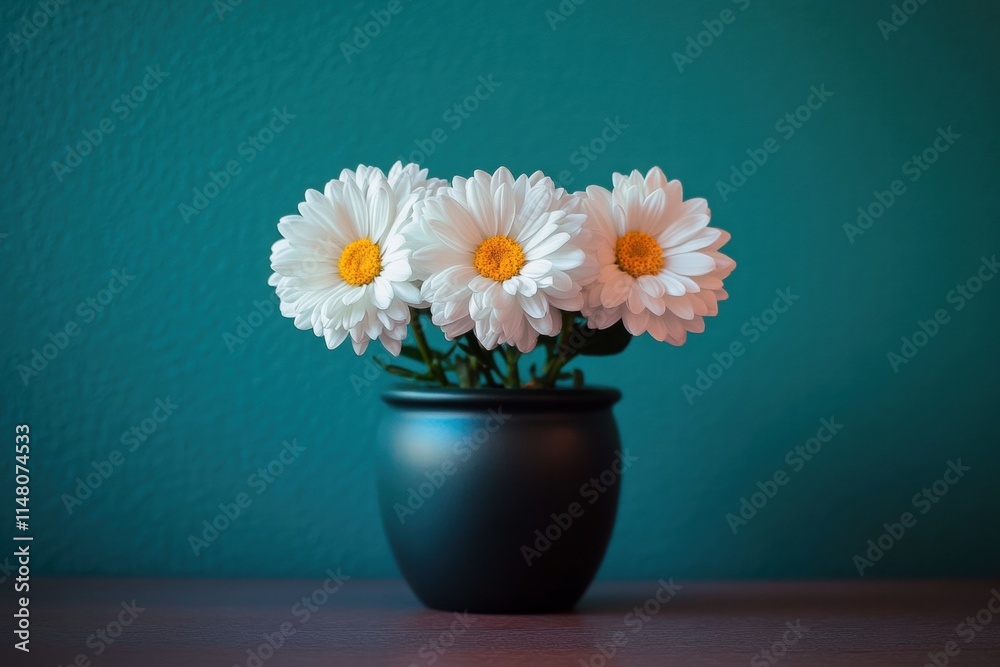 Beautiful Arrangement of White Daisies in Black Pot Against a Turquoise Background for Fresh and Vibrant Home Decor Inspiration Beautiful Arrangement of White Daisies in Black Pot Against a Turquoise Background for Fresh and Vibrant Home Decor Inspiration