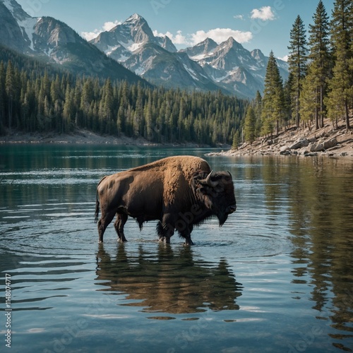 A buffalo with fur resembling rippling water, standing by a crystal-clear mountain lake surrounded by pine trees.