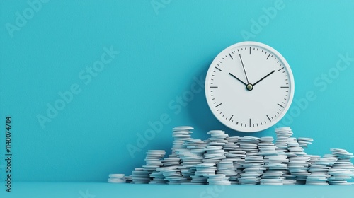 A clock sits atop a mound of coins against a turquoise background, symbolizing the relationship between time and money. photo