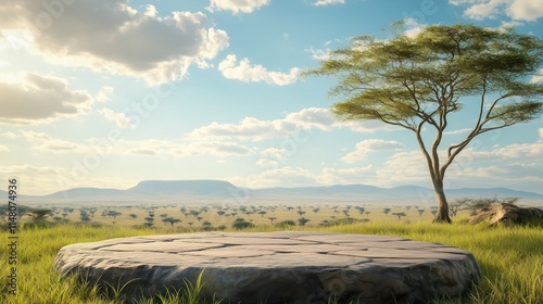 Rough empty stone pedestal with africa savanna background