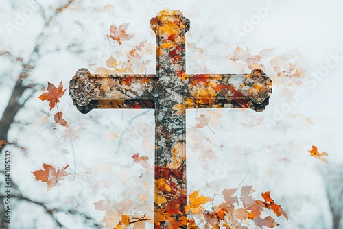 A cross is surrounded by leaves, creating a beautiful and serene scene. The cross is the focal point of the image, and the leaves add a sense of natural beauty and tranquility photo