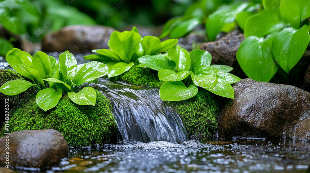 Lush Green Plants with Water Flowing Over Mossy Rocks in Nature Lush Green Plants with Water Flowing Over Mossy Rocks in Nature