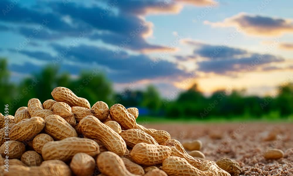 A pile of peanuts on the ground with a scenic sunset background.