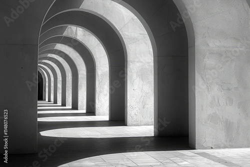 a geometrically inspired arch hallway, with light filtering through the arches and casting shadows on the pristine walls.. photo