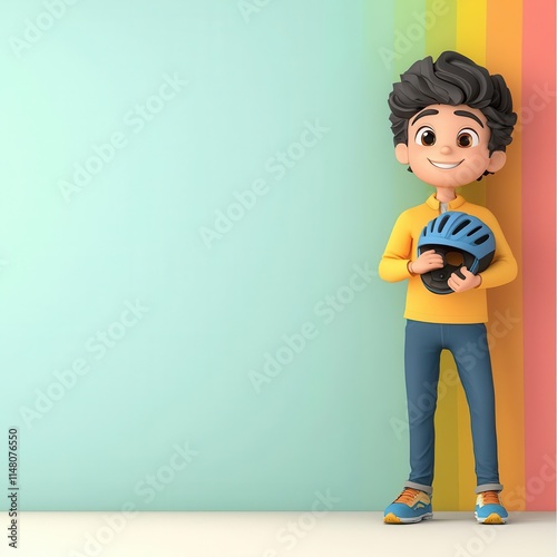 A 3D clipart of a cyclist holding a helmet, standing on the right side of the image, with a randomly colored background4K cartoon animation photo