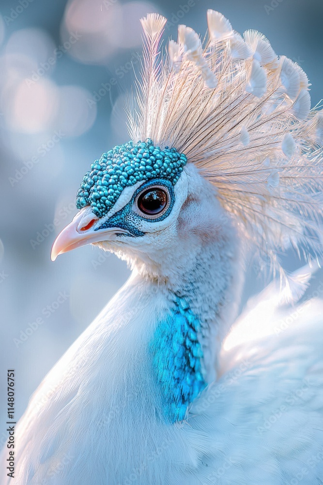 Fototapeta premium Majestic white peacock showcasing its vibrant feathers in a serene outdoor setting