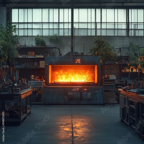 Modern forge equipped with digital controls glowing in a dimly lit workshop. photo