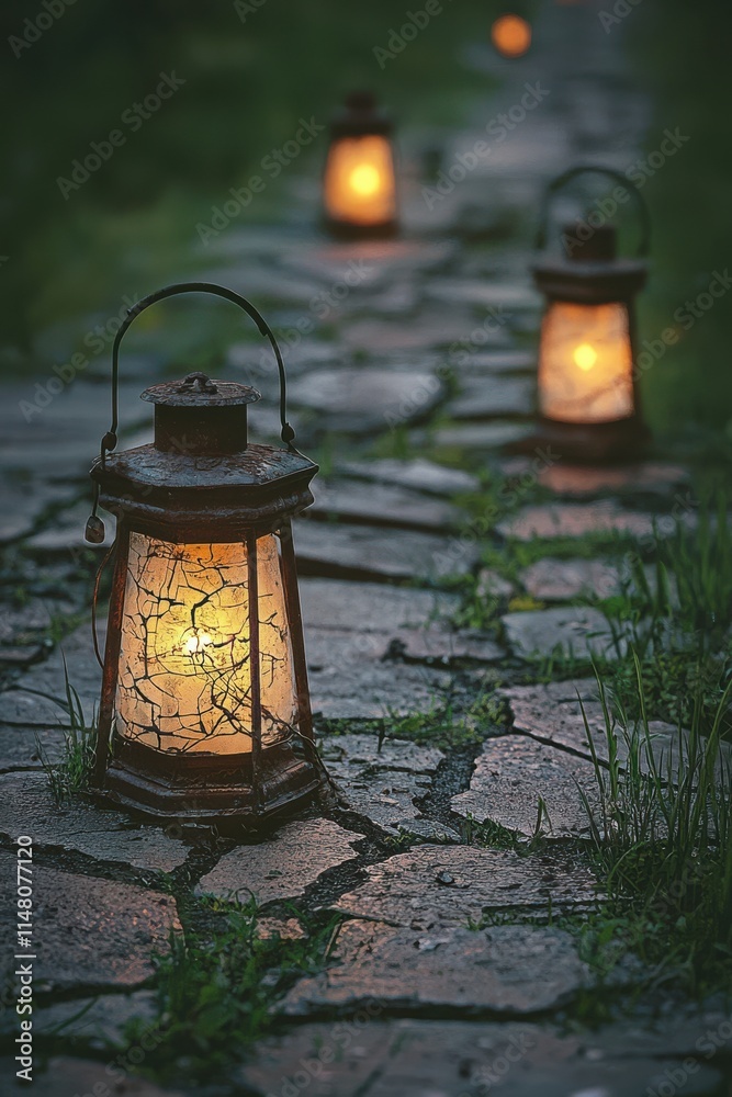 Soft glow of lanterns illuminating a stone pathway in a tranquil garden at dusk Soft glow of lanterns illuminating a stone pathway in a tranquil garden at dusk