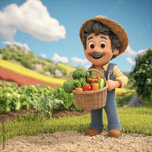 A 3D clipart of a farmer holding a basket of fresh vegetables, in a bright field, white background4K cartoon animation photo