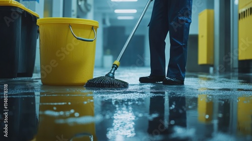 Professional cleaner in action on a wet floor with mop and bucket photo