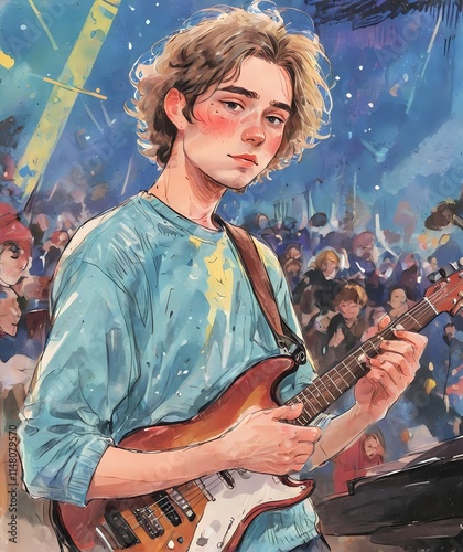 A young man performs guitar with enthusiasm. captivating an energetic crowd.