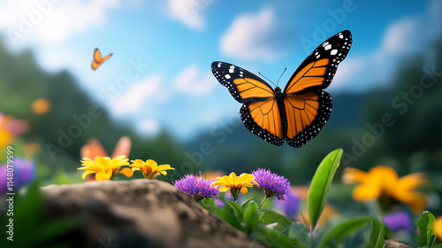 Vibrant Monarch Butterfly Amidst Colorful Wildflowers in Nature