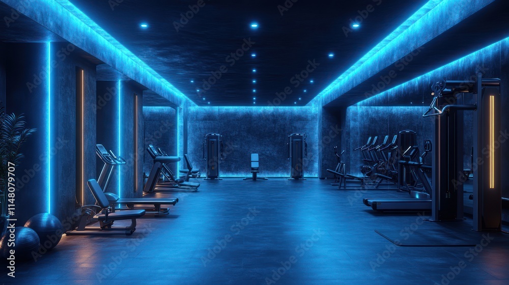 Modern gym interior with blue neon lights, cardio and weight training equipment. Modern gym interior with blue neon lights, cardio and weight training equipment.