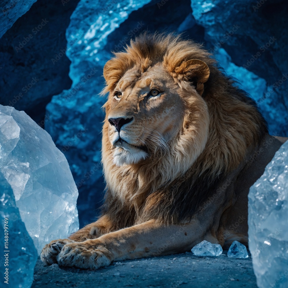 Naklejka premium A lion resting on a glowing white crystal in a blue cave.