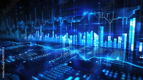 Financial graph with futuristic blue holographic lines and grids