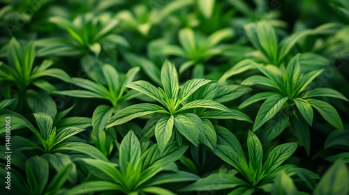 Lush greenery of young plants thriving in a well-maintained garden. 