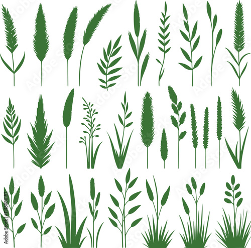 Collection of green grass silhouettes.