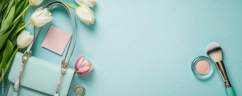 Fototapeta premium Delightful Mother's Day concept. Flat lay top view of handbag, postcard, tulips, perfume, makeup brush, and rings on pastel blue background with a designated space for text or advert