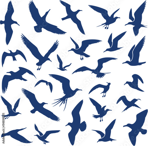 Collection of blue seagull silhouettes.