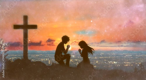 Animated Virtual Backgrounds Couple Praying The Cross Lofi Music Lofi Japanese Manga Anime Style Looping Music Video Background