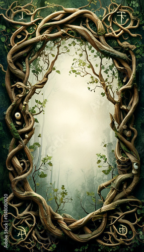 Enchanted forest portal framed by ancient twisting vines