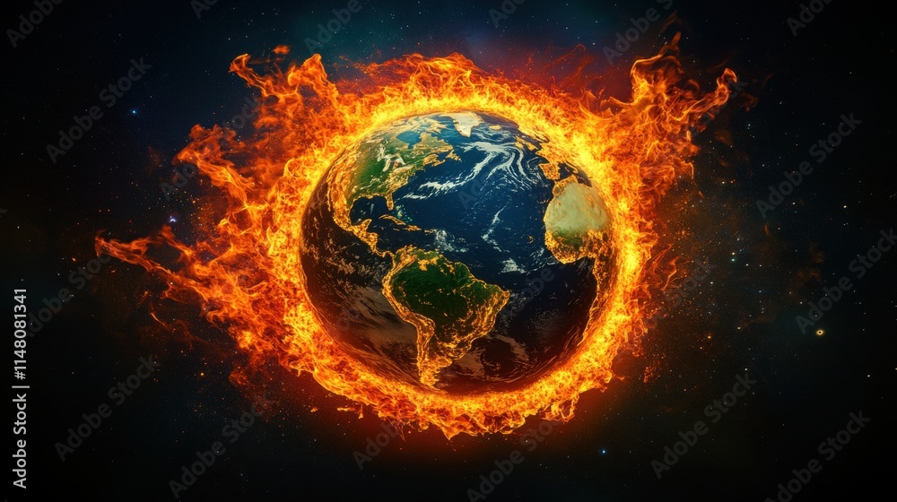 Global Climate Change Concept Illustrating Earth Surrounded by Flames Representing Environmental Crisis and Rising Temperatures in a Dark Cosmic Space Background Global Climate Change Concept Illustrating Earth Surrounded by Flames Representing Environmental Crisis and Rising Temperatures in a Dark Cosmic Space Background