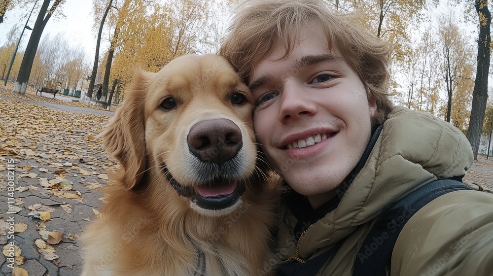 Happy Young Man Smiling with Golden Retriever During Autumn Walk in Park Surrounded by Colorful Leaves and Trees with Warm Light in Nature