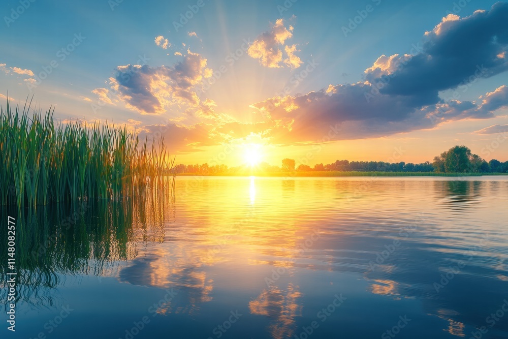 Serene Sunset Over Tranquil Lake with Reflection of Colorful Clouds and Lush Green Grass in the Peaceful Evening Sky Serene Sunset Over Tranquil Lake with Reflection of Colorful Clouds and Lush Green Grass in the Peaceful Evening Sky