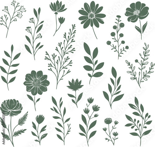 Collection of various green floral elements.